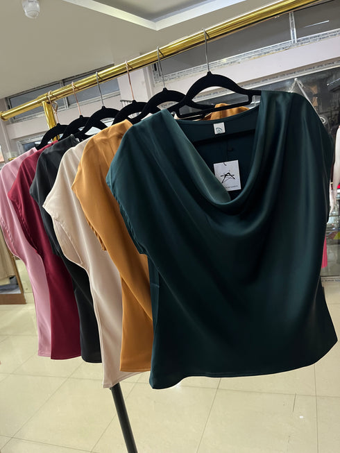 Satin Short Sleeves Cowl Neckline  Tops